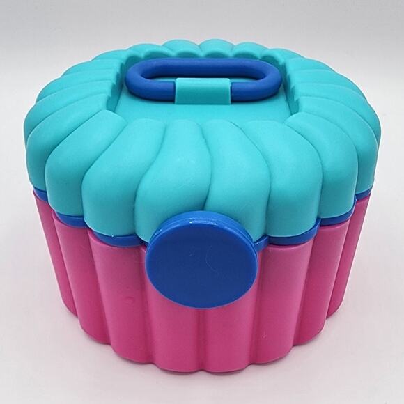 Round Plastic Multi-Colored Jewelry Makeup Case Organizer, Carry Handle, Mirror - Picture 3 of 12